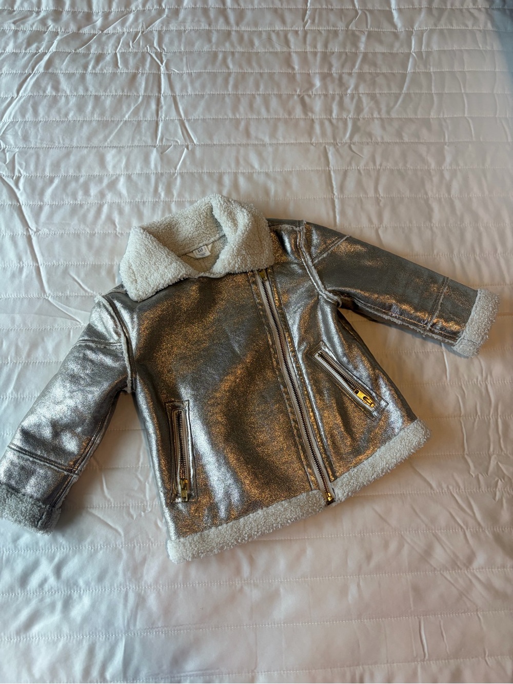 GAP Metallic Silver Girls' Sherpa-Lined Pea Coat